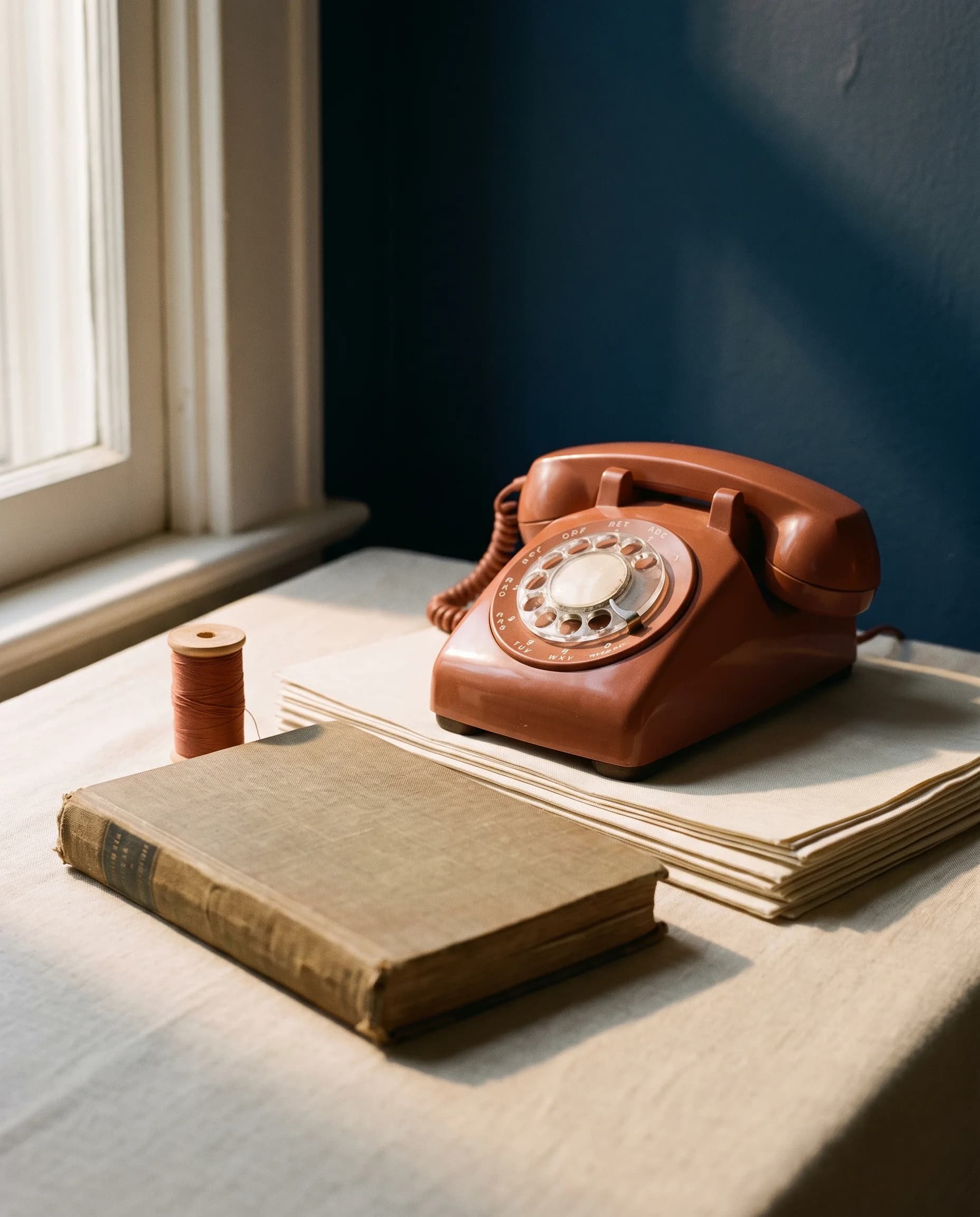 A terracotta rotary telephone, ledger, and spool of thread in morning window light