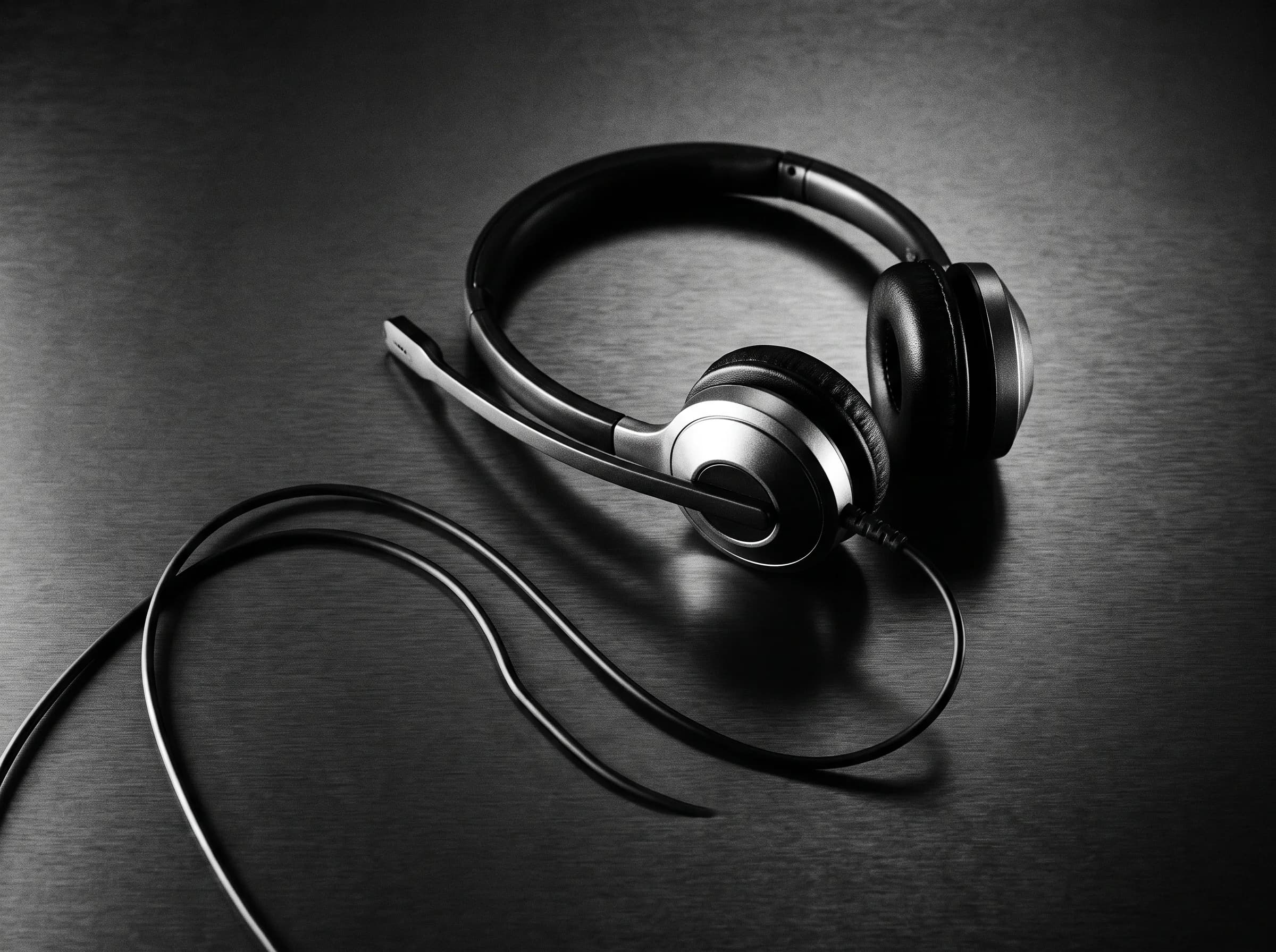 A telephone headset on dark metal in hard black-and-white light